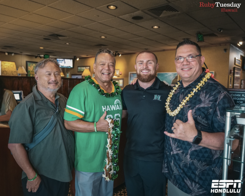 Stephen Tsai, Rick Nakashima, Logan Taylor John Veneri at the 2025 Tailgate with Timmy at Ruby Tuesday Hawaii in Moanalua